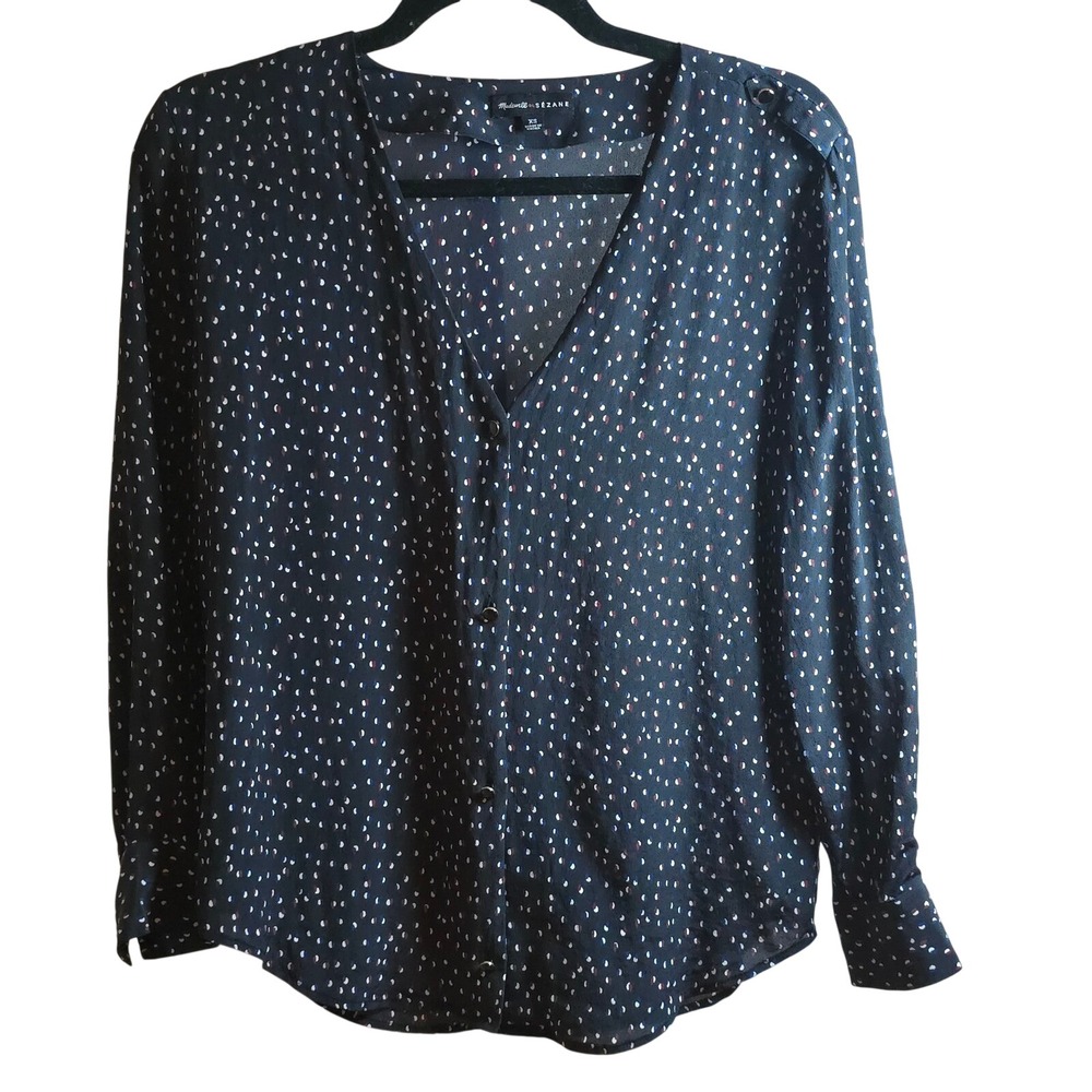 Madewell x Sezane Silk Blouse XS Navy Multicolor Dot Print Long Sleeve V Neck